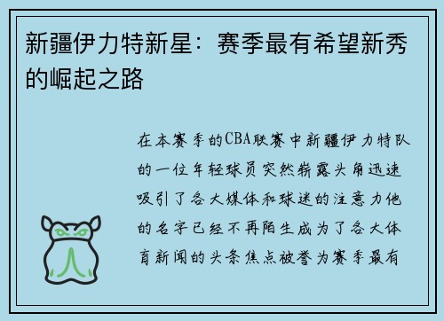 新疆伊力特新星：赛季最有希望新秀的崛起之路