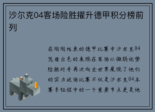 沙尔克04客场险胜擢升德甲积分榜前列
